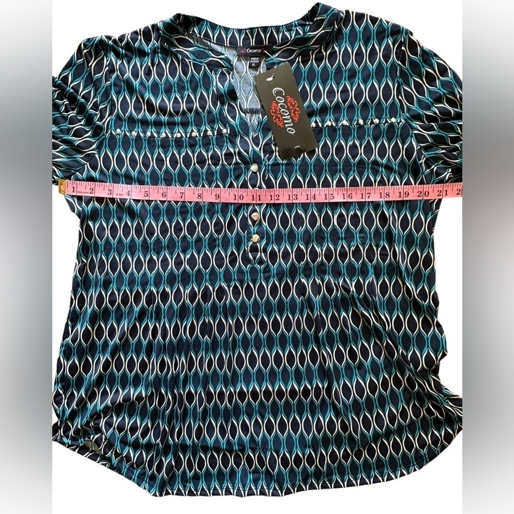 COCOMO XL Blue White Studded 3/4 sleeve women’s Pintuck Blouse top shirt - Picture 8 of 12